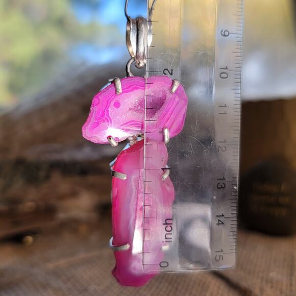 Pink Agate Geode Pendant Sterling Silver, Handmade Boho Crystal Necklace - Picture 4 of 10